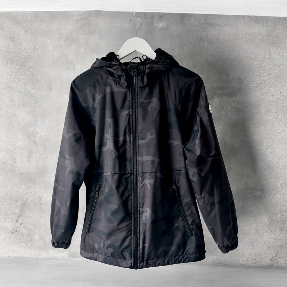 Michael Kors Black Gray Camouflage Hooded Jacket Size L Zippers Pockets